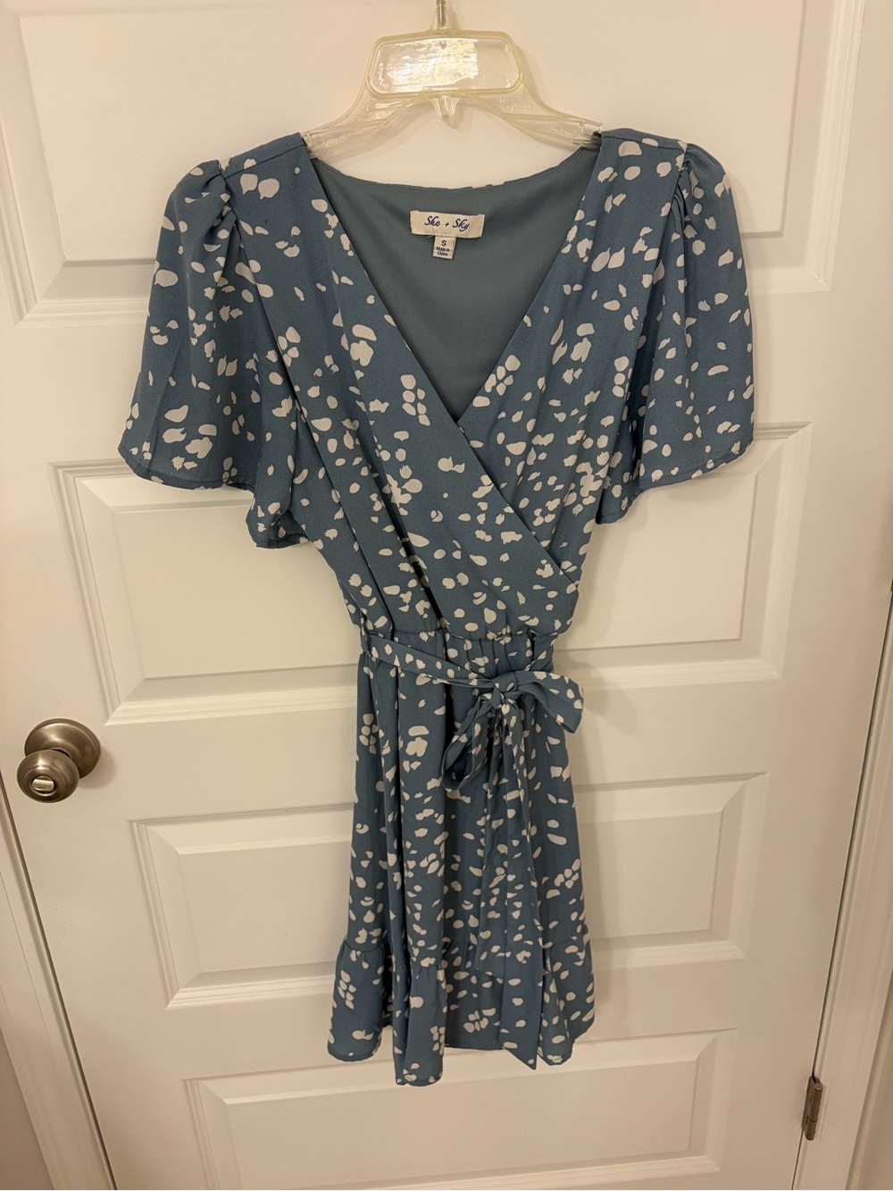She + Sky Dusty Blue Wrap Dress with White Spot Print